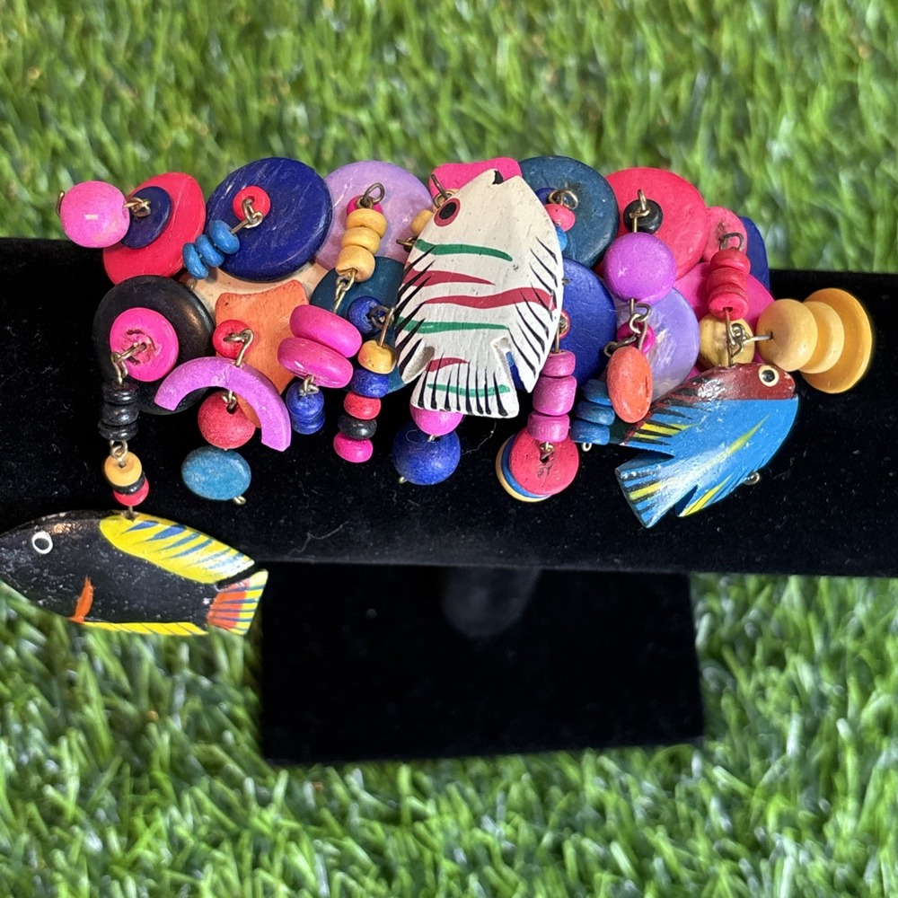 Vintage Handmade Hair Barrette Fish Button Beaded Colorful Folk Art‎